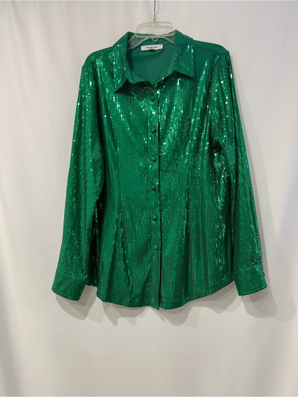 Zoey & Leelo Sequin Button-Down Shirt - Emerald Green Size M